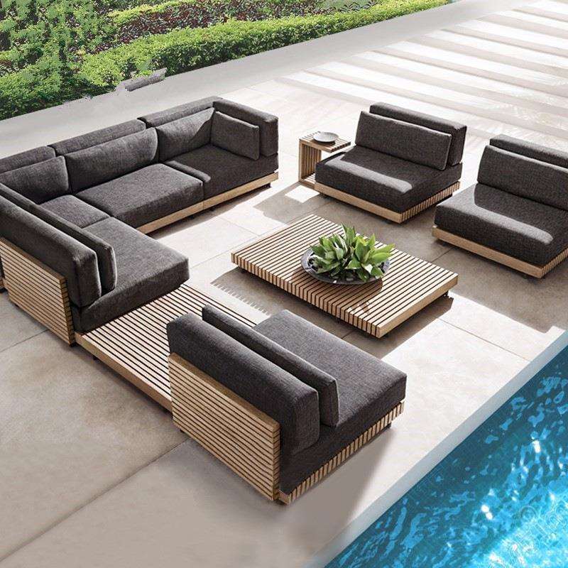 户外实木转角沙发单人椅别墅露台室外柚木茶几沙发组合休闲家具