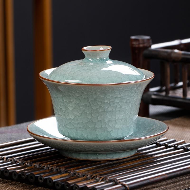 高颜值梅花冰裂釉汝窑陶瓷三才盖碗开片可养家用纯手工大号泡茶碗