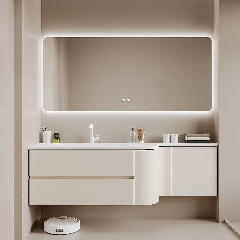 橡木岩板无缝盆浴室柜组合异形圆角可丽耐一体盆洗漱台盆