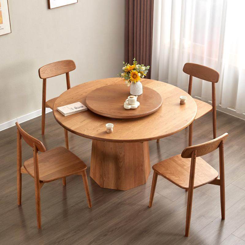 实木圆桌樱桃木原木餐桌黑胡桃木现代简约带转盘家用桌子圆形饭桌