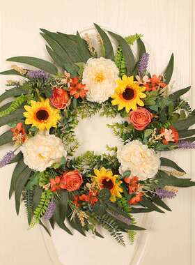 前门花环春夏花环向日葵牡丹桉树人造花环装饰适用于家庭农舍四季