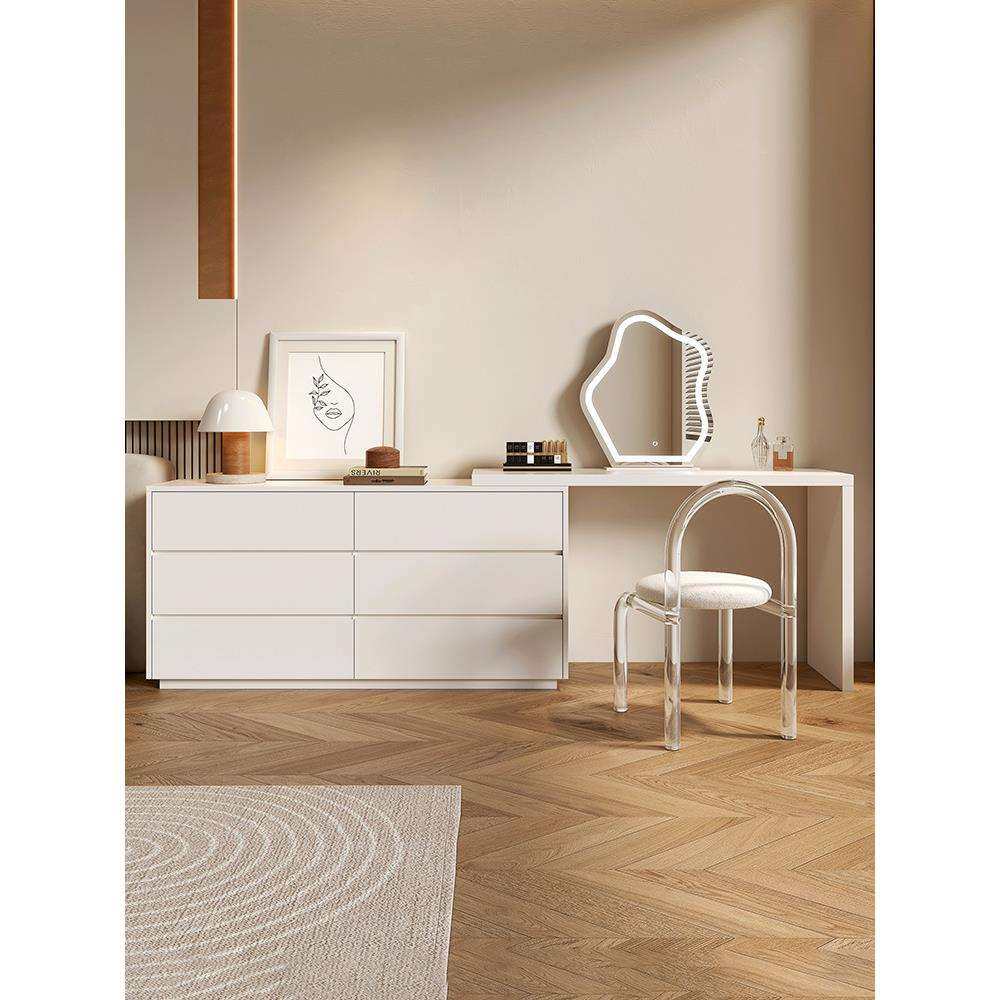 奶油风梳妆台现代简约家用卧室化妆桌斗柜一体可伸缩书桌办公桌