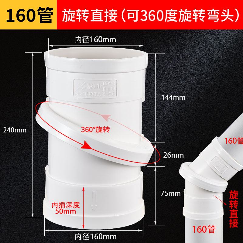 PVC直接可360旋转弯头45度管箍排水管件下水排污配件活动弯管接头