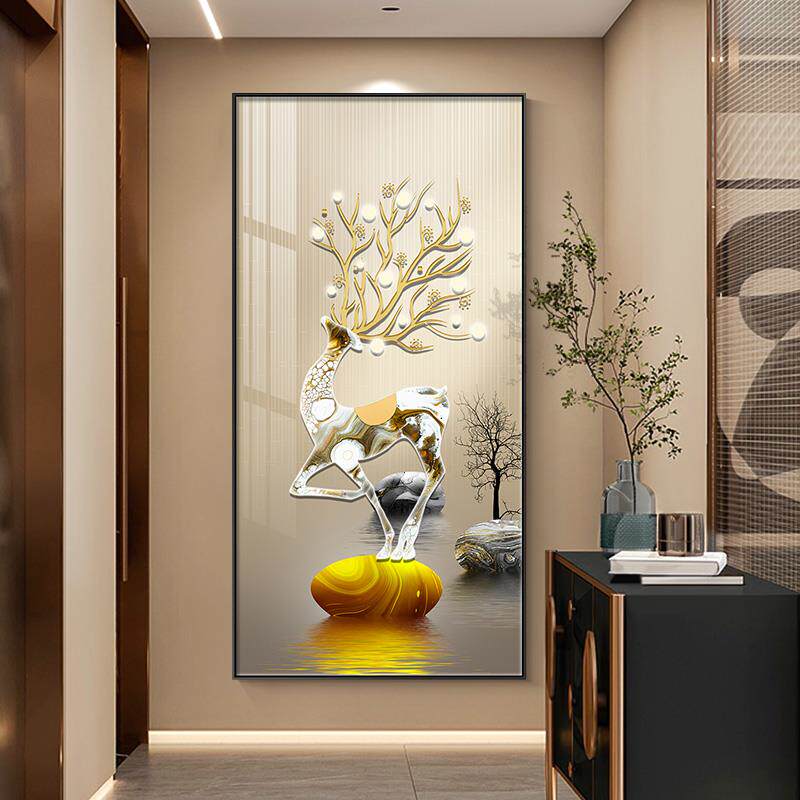 丽维家入户玄关装饰画走廊过道鹿壁画定制轻奢现代竖版客厅挂画