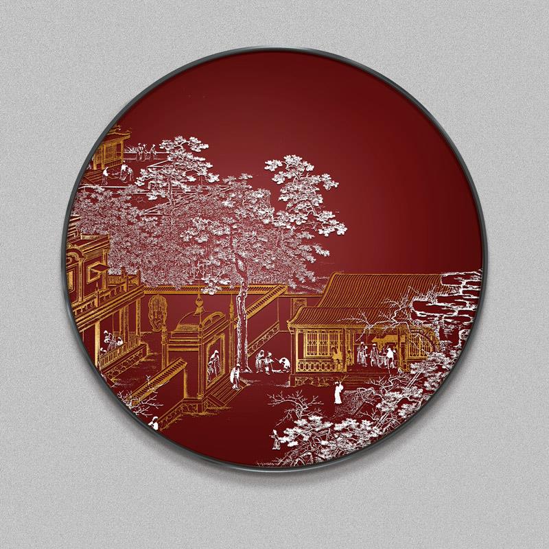 新中式入户玄关装饰画圆形山水浮雕立体画茶室走廊过道背景墙挂画图片