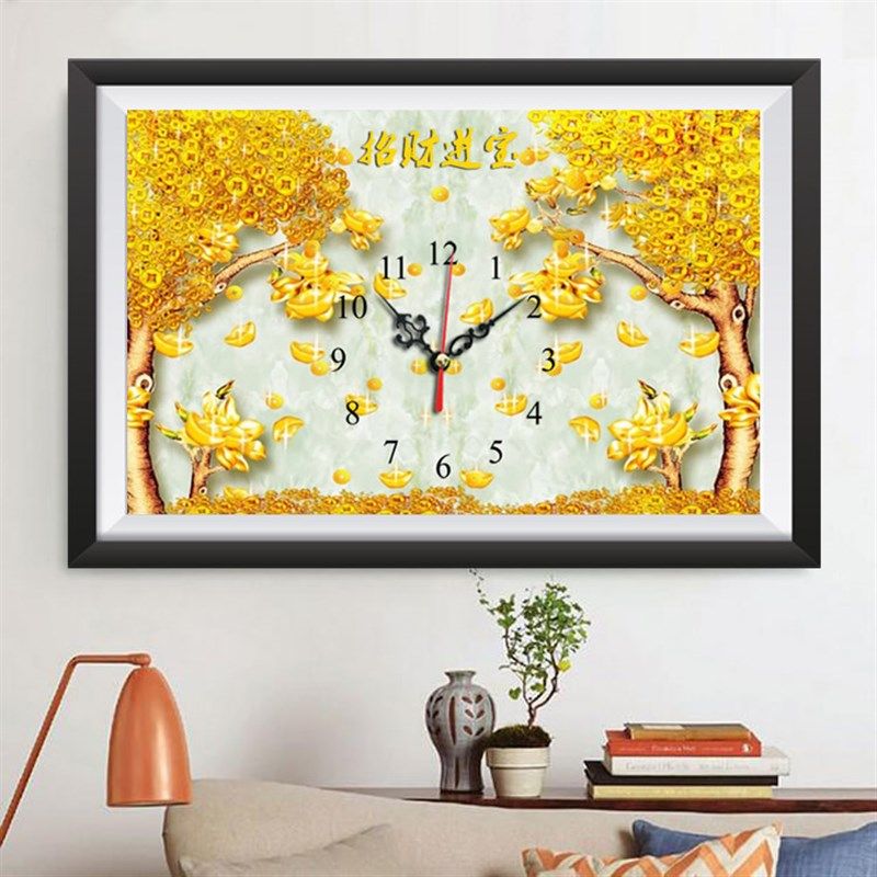 发财树钟表钻石画2n025新款招财进宝点粘贴钻十字绣时钟客厅黄金