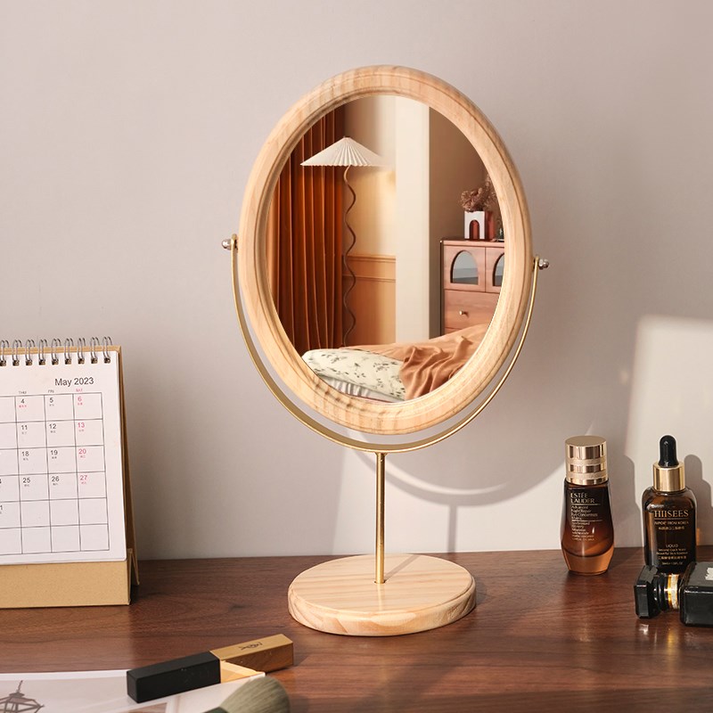 家用桌面a复古实木化妆镜木质中式立式可旋转梳妆镜卧室台式镜子