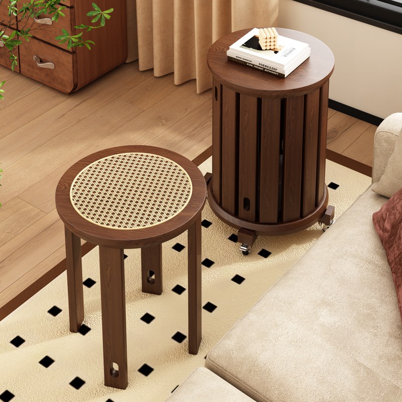 凳子实木中古风家用客p厅沙发边几小桌子可叠放藤编圆凳组合餐桌