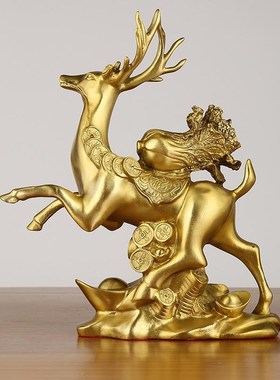 纯铜一路发财摆件招m财鹿客厅公司玄关酒柜店铺吉祥物装饰福鹿高