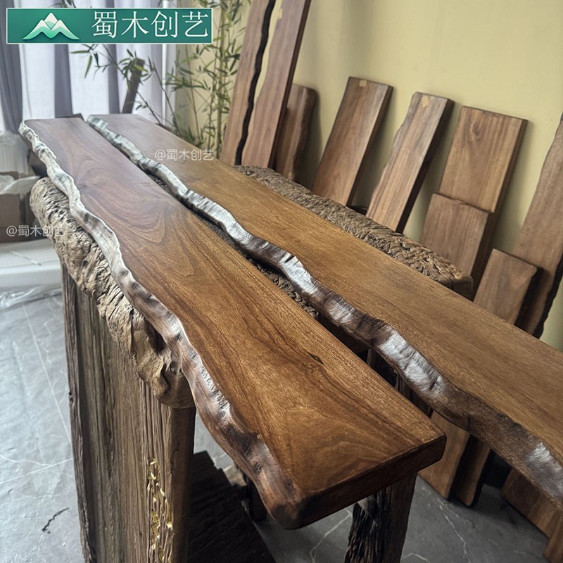 侘寂风实木一字板置物p架多层收纳架壁挂客厅书架展示架餐厅储物