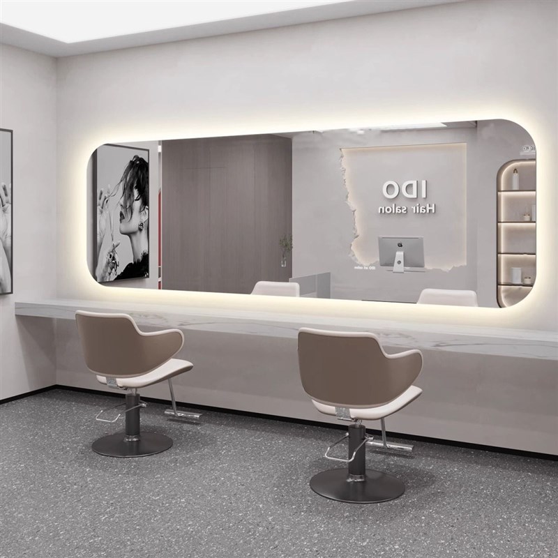 理发店镜台横挂大通镜发廊v专用镜子带灯烫染剪发网红美发镜子定
