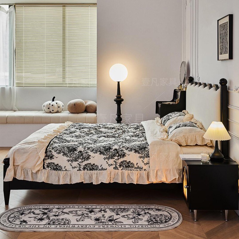 法式复古实木床1.8m黑色涟漪床1.5m中古风双人白蜡W木主卧室大床