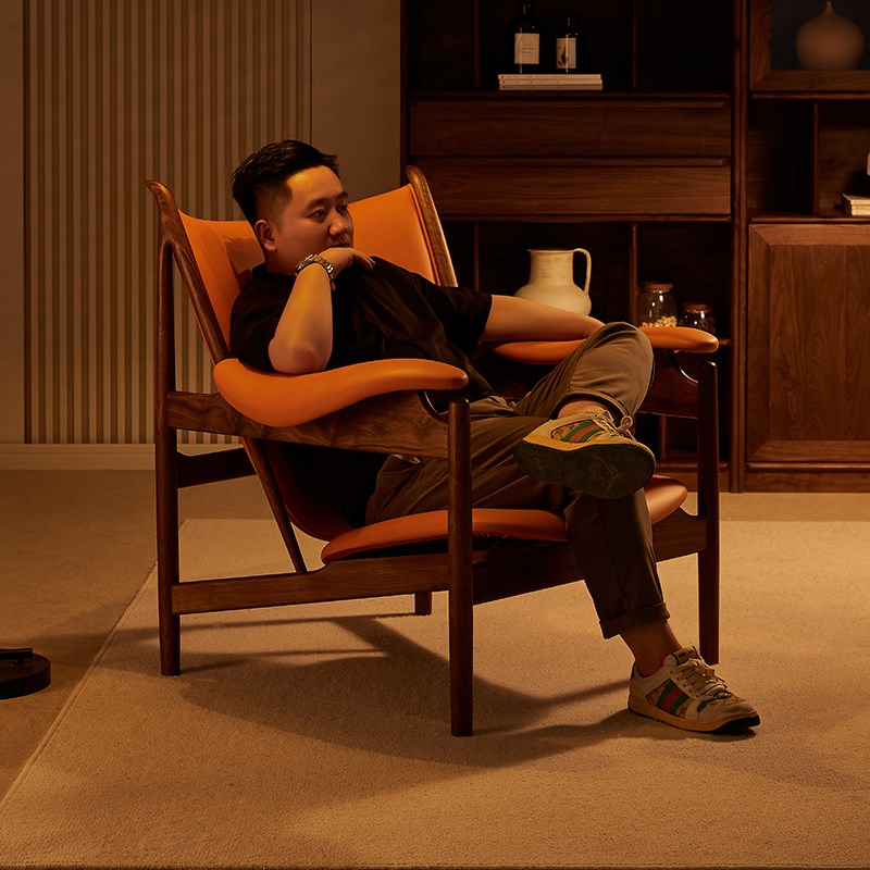 黑胡桃木酋长椅真皮单人t沙发客厅阳台休闲椅头层小黄牛皮可换色