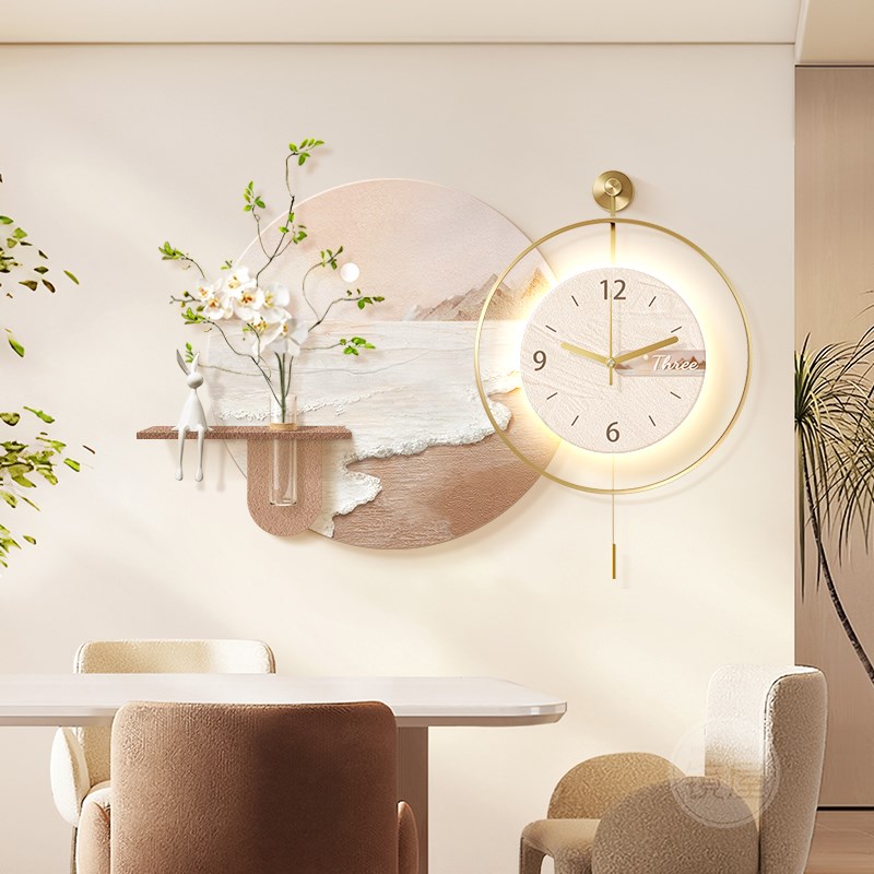 原木奶油风饭厅装饰画 画海景2025新款钟表I挂钟客厅挂画 画餐桌