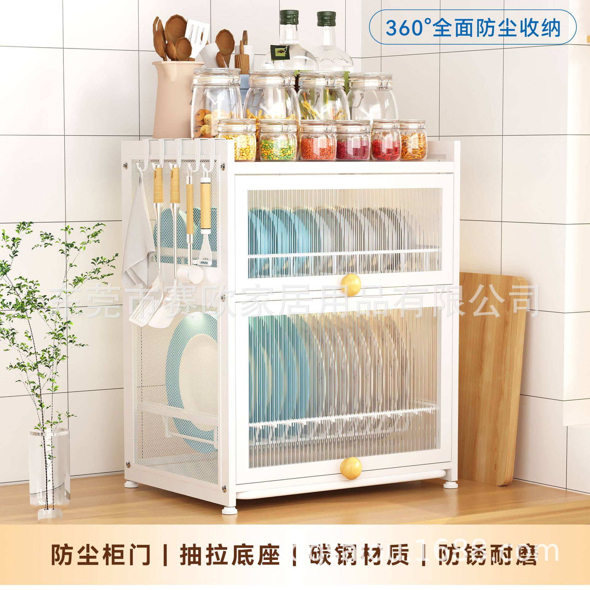 厨房沥水碗碟架铁艺多层带柜门置物架防尘防潮调料瓶收纳架跨境