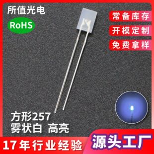 方形257白灯led灯珠 雾状高亮白光指示灯有边长脚直插发光二极管