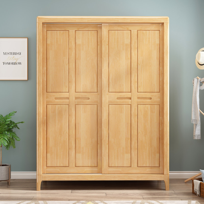 北欧实木衣柜滑移门现代木质原木推拉门组装卧室小户型衣柜