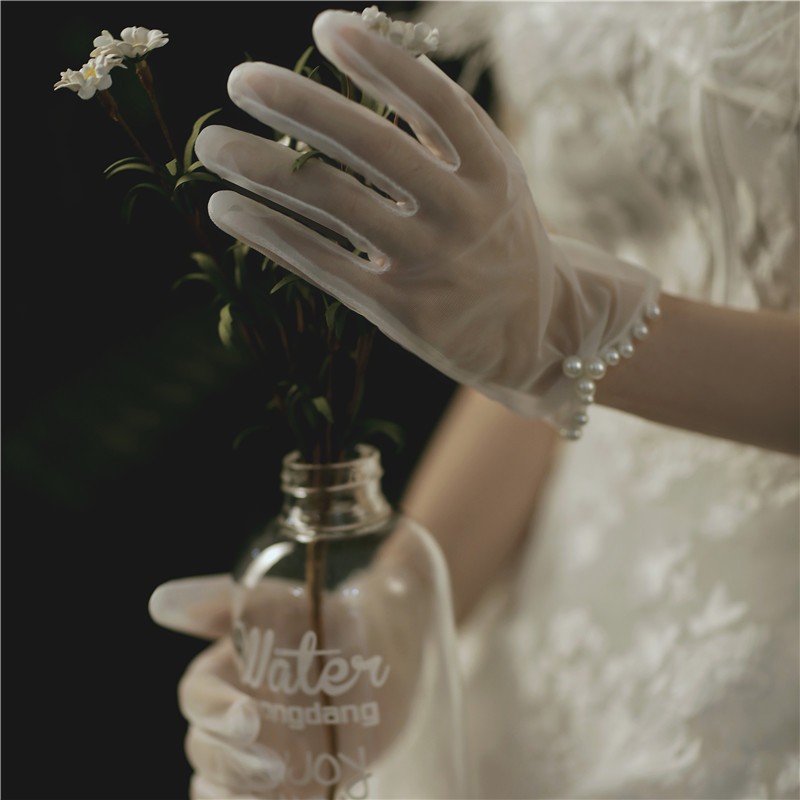 韩式新娘短款婚纱手套 新款珍珠透明纱手套 旅拍影楼拍照手套