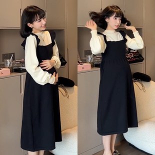 孕妇秋冬季中长版洋装设计感长袖立领撞色假两件毛衣裙2023新款
