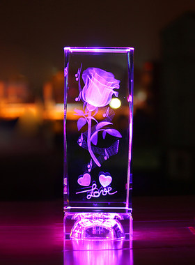 水晶玫瑰花3D内雕照片装饰摆件生日礼品J创意男送女朋友情人节礼