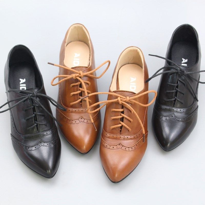 2024春秋真皮粗跟系带加绒尖头英伦女士小皮鞋复古W深口通勤单鞋,女鞋,深口单鞋,淘宝优惠券,粉丝福利购,淘宝优惠卷