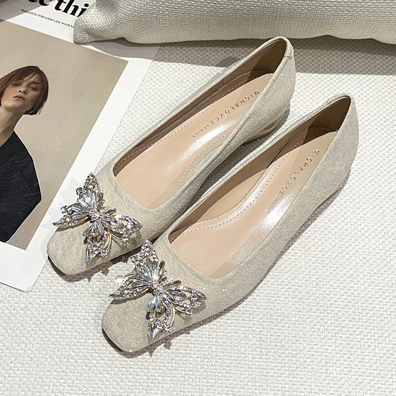 法式小方头3cm平底单鞋女春夏2025年新款百搭浅口低跟黑色高跟鞋