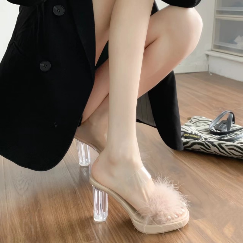 2023夏季新款透明水晶高跟鞋增高一字拖公主风毛绒款式凉拖女纯欲