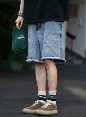 夏季美式街头重工水洗拼贴抽绳牛仔工装短裤男Q潮牌宽松浅蓝色中