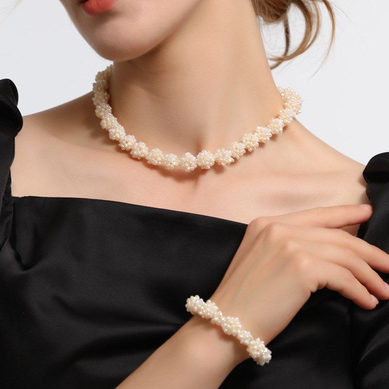 手工编制高档轻奢天然淡水珍珠花球珍珠项链系锁骨链手链耳环套装