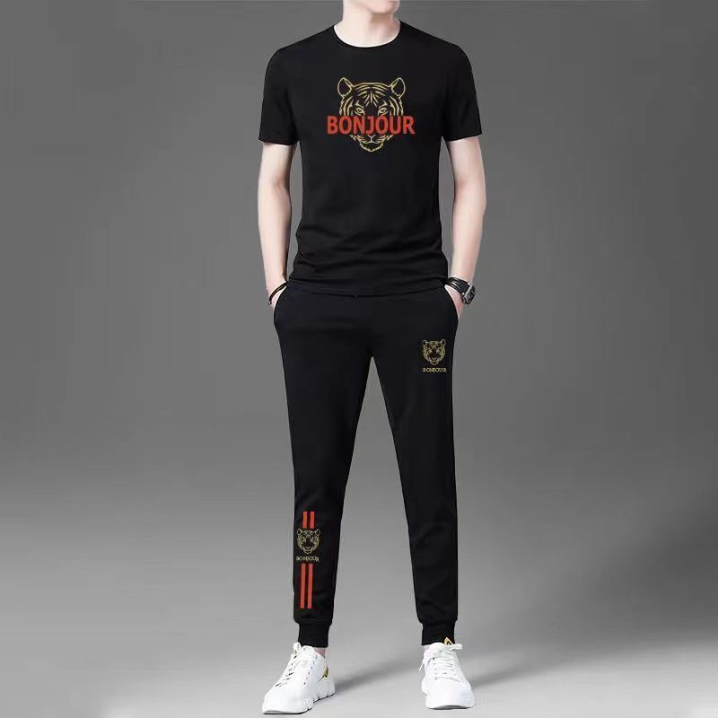 2025新c款男士纯棉休闲套装帅气青年短袖长裤冰丝跑步运动服两件