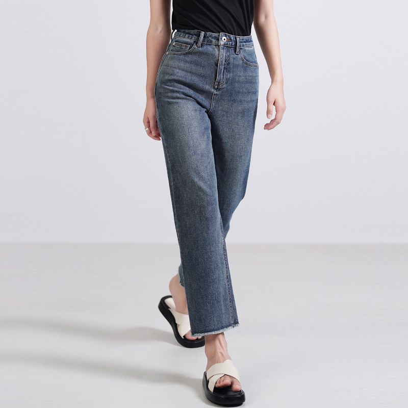 偶得一物·复古法i棍牛仔裤 高腰九分 毛边 直筒修饰腿型 软糯亲
