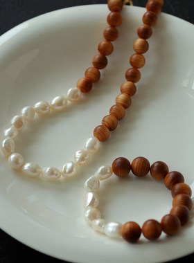 新中式木珠天然珍珠手链项链耳环手工串珠弹力手绳手串饰品