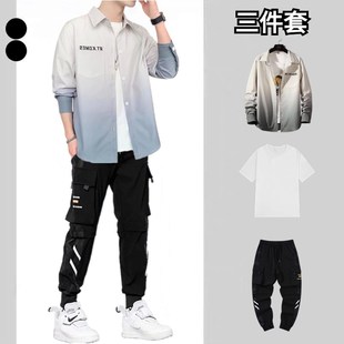春秋季三件套男韩版潮流宽松x衬衫学生休闲运动套装青少年工装裤