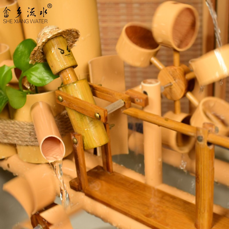 竹人锤米推磨拉锯招财水车风水轮摆件 鱼缸过滤器 竹筒竹子流水器
