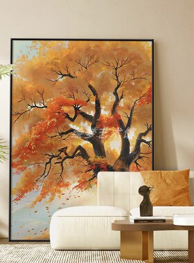 玄关一树金黄色叶子m挂画客厅抽象派艺术发财树壁画大幅落地装饰