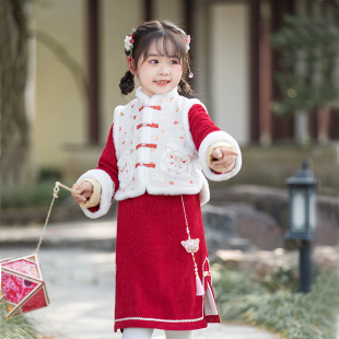 女童旗袍拜年服冬季儿童马甲新款红色中国风新年宝宝过年连衣裙