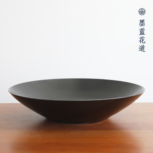 墨蓝花器陶瓷A手作大花盘中式 特大墨黑斗笠圆盘 花道插花写景花器