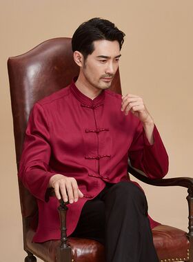 唐装男中老年春秋季长袖衬衫中国风立领盘扣休S闲爸爸装刺绣上衣