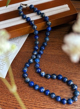 8mm颗颗打结天然青花瓷青金石项链复古蓝白金撞色青金石圆珠项链