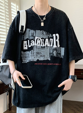 重磅短袖t恤男夏季2o024新款纯棉水洗美式半袖青少年潮牌印花体恤