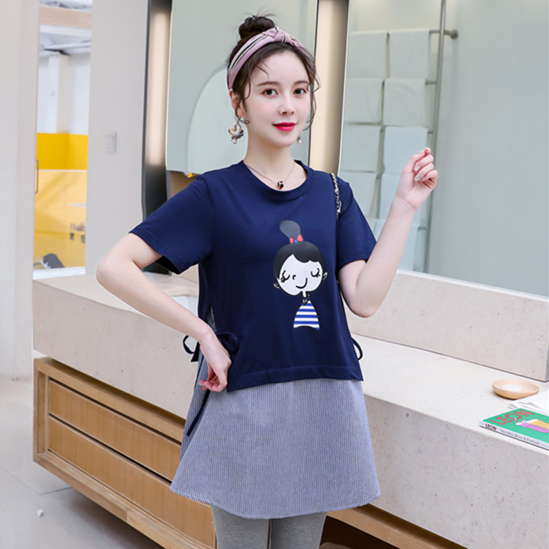 孕妇夏装t恤短袖套装2023新款卡通印花中长款纯棉上衣夏季两件套