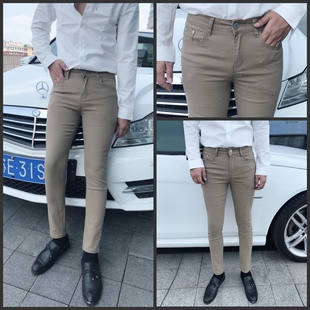 新款男士修身小脚卡其色牛仔裤男韩版休闲时装裤T男式高弹紧身裤