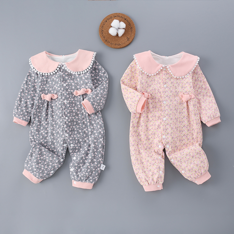 春秋装新生儿婴儿双层连身衣服纯棉01女宝宝外出哈衣保暖爬服外套