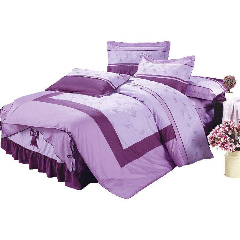 纯棉床裙四件套100全棉1.8米1.5米被套床罩五六件套紫色床上用品