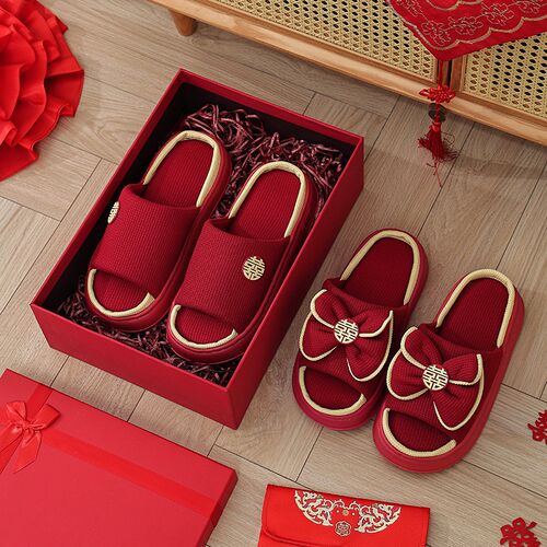 结婚拖鞋一对2024新款高级夏季新婚情侣喜庆红色新郎新Z娘晨袍家