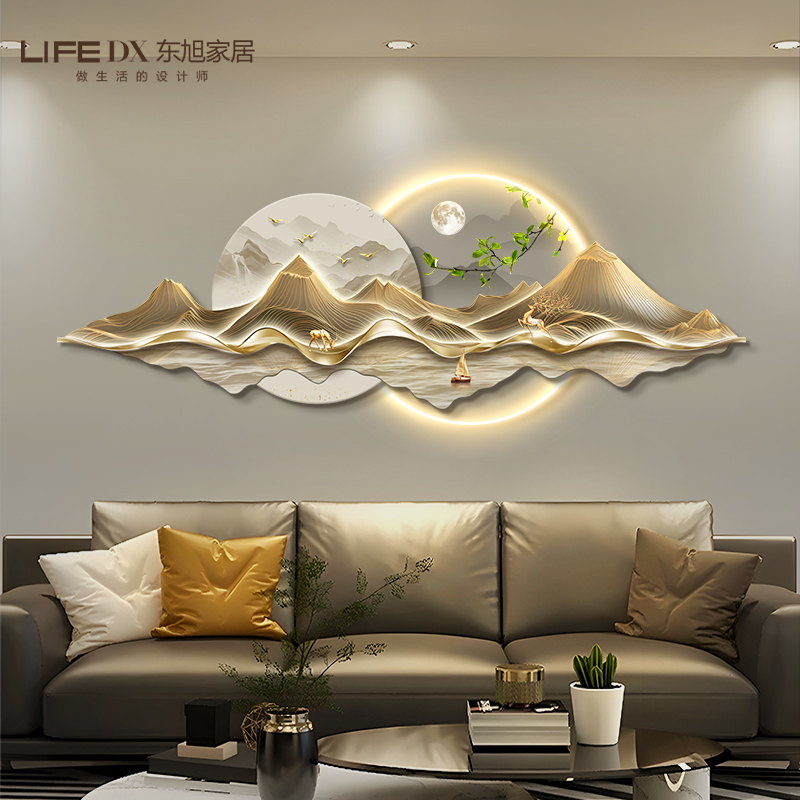 新中式客厅装饰画背有靠山led发光灯画沙发背景U墙挂画高级感麋鹿图片