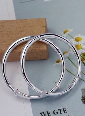 男女宝宝银手镯999纯银光面实心小孩银镯子一对单支百天周岁礼物