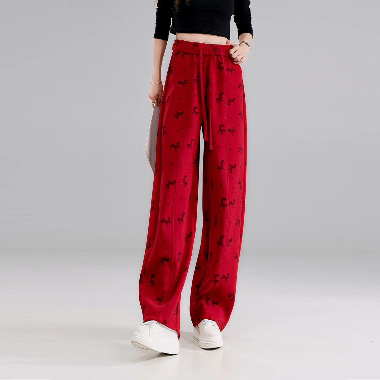 猫俪慵懒风印花马年红色阔腿裤女2026春秋松紧腰抽绳宽松显瘦长裤,女装/女士精品,大码裤装,淘宝优惠券,粉丝福利购,淘宝优惠卷