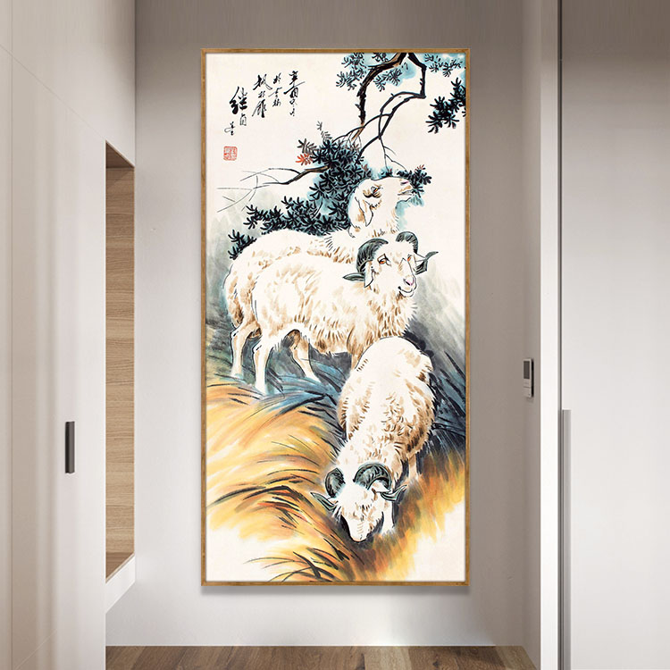新中式三阳开泰装饰画三只白色绵羊竖版挂画家庭入户玄关长幅壁画图片