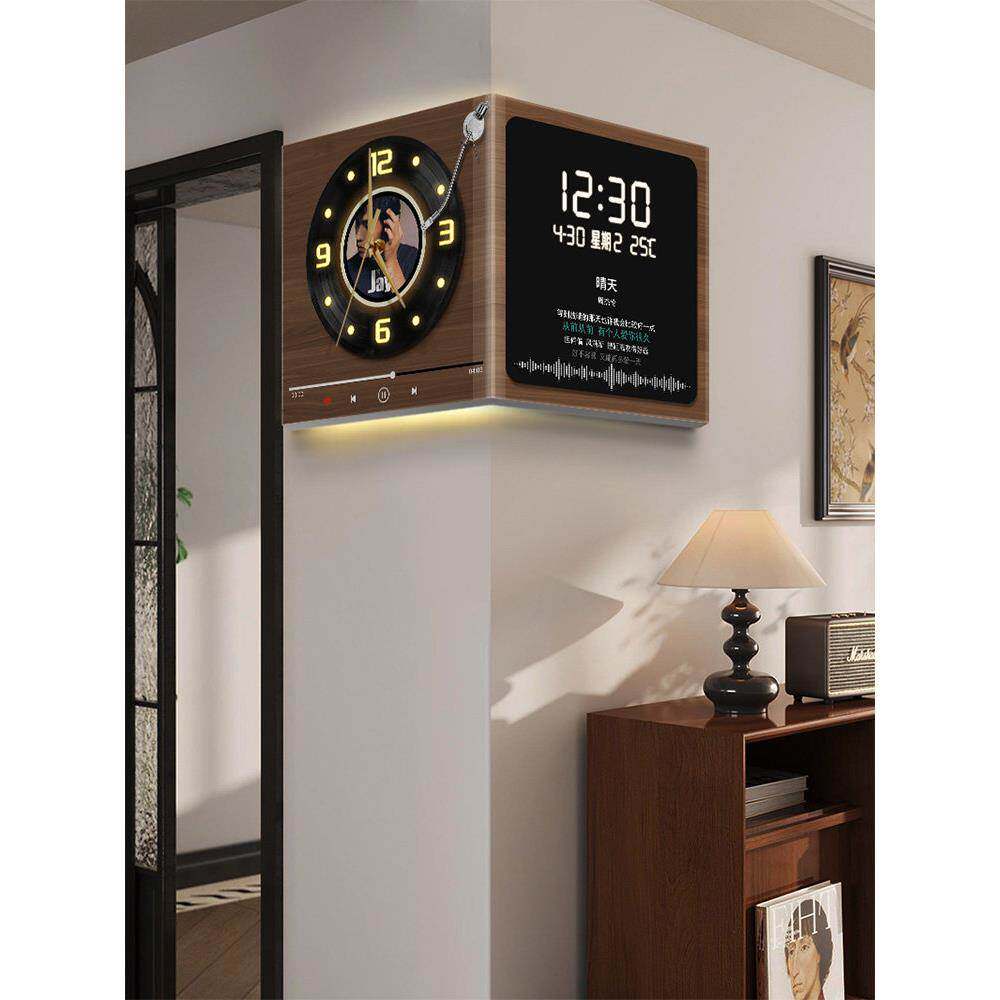 复古黑胶唱片挂钟客厅高级感带日历双面转角时钟挂墙拐角电子钟表